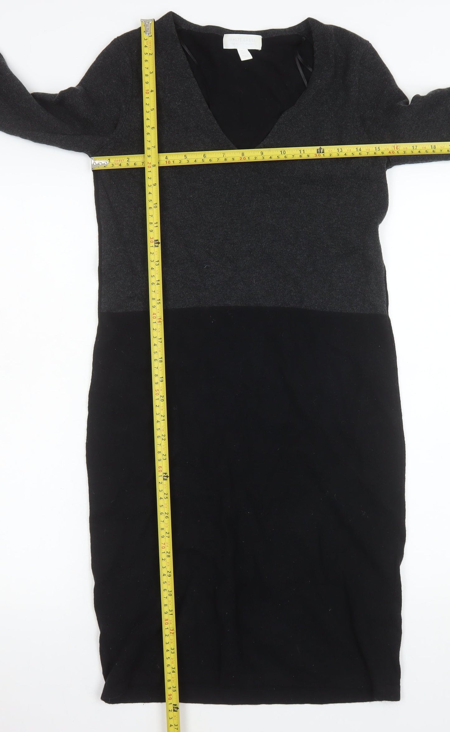 The White Company Women’s Black Knit Bodycon Dress Size 6 V-Neck Long Sleeve