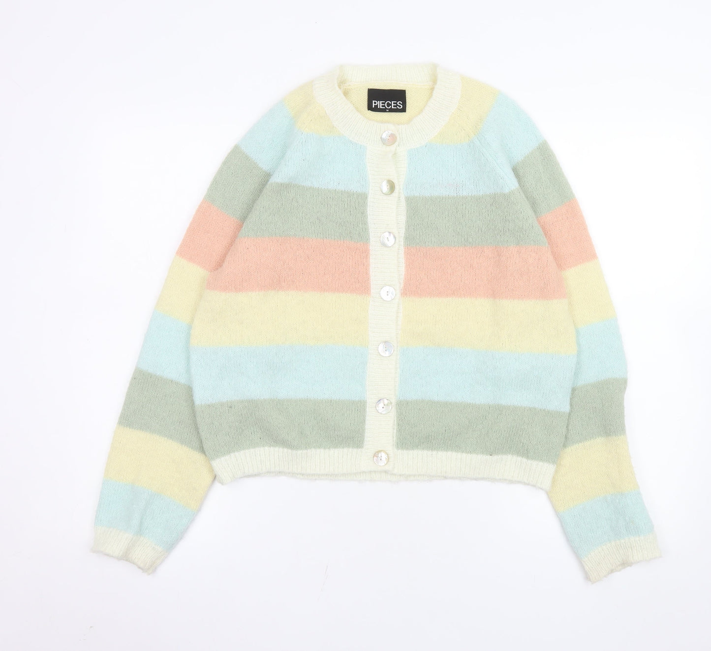 Pieces Womens Multicoloured Striped Cardigan M Knit Crew Neck