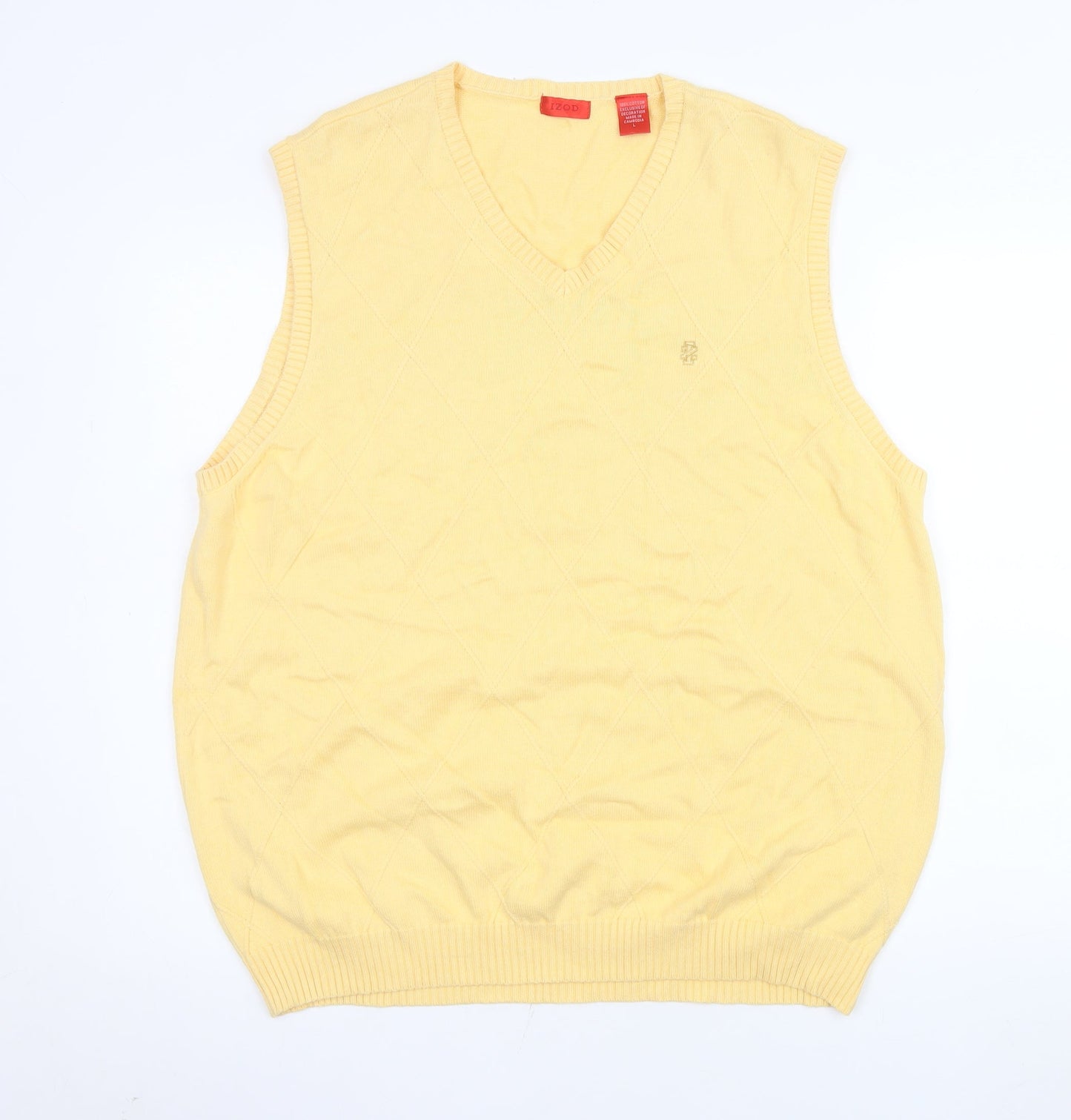 IZOD Men's Yellow Cotton Sleeveless V-Neck Argyle Vest L