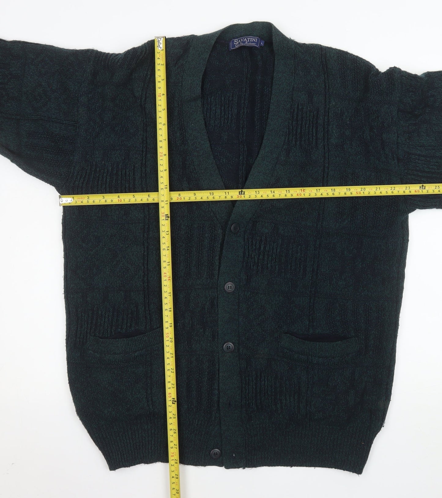 Savatini Men's Green Acrylic Knit Cardigan L Classic V-Neck