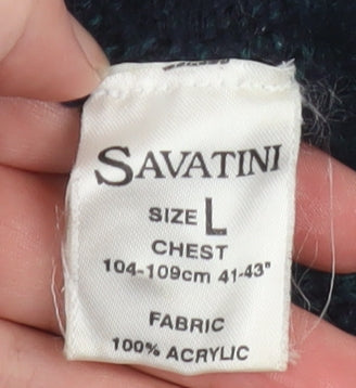 Savatini Men's Green Acrylic Knit Cardigan L Classic V-Neck