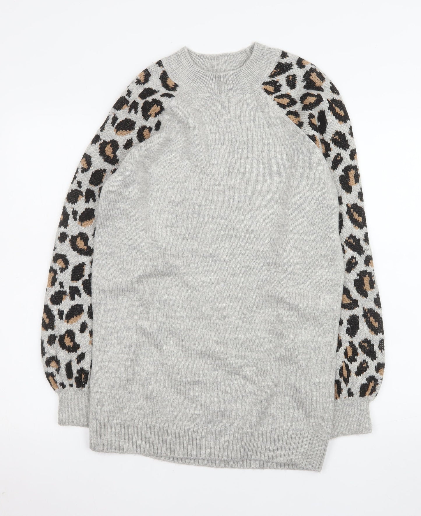 Tu Women Grey Leopard Sleeve Crew Neck Long Sleeve Jumper Size 12