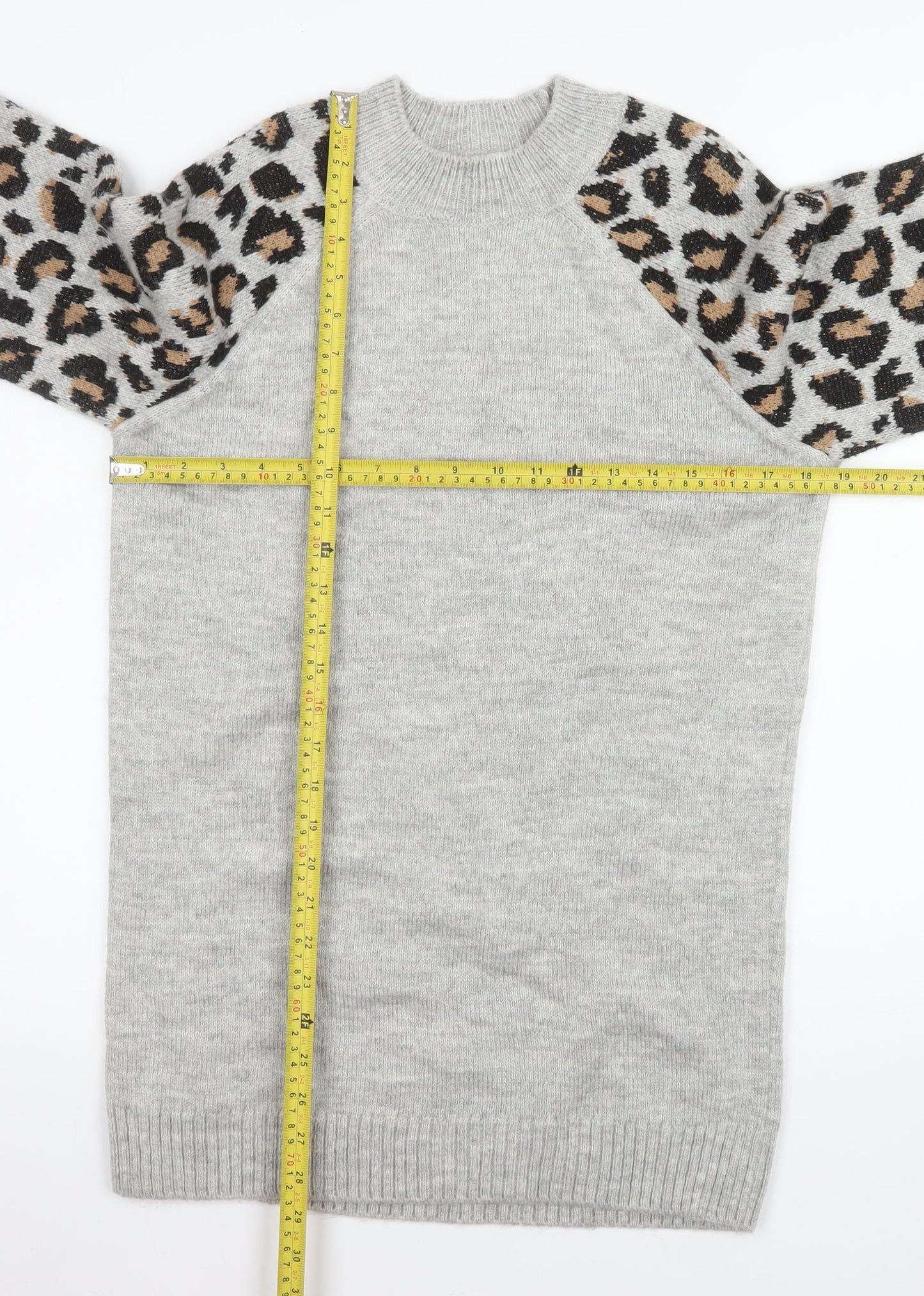 Tu Women Grey Leopard Sleeve Crew Neck Long Sleeve Jumper Size 12