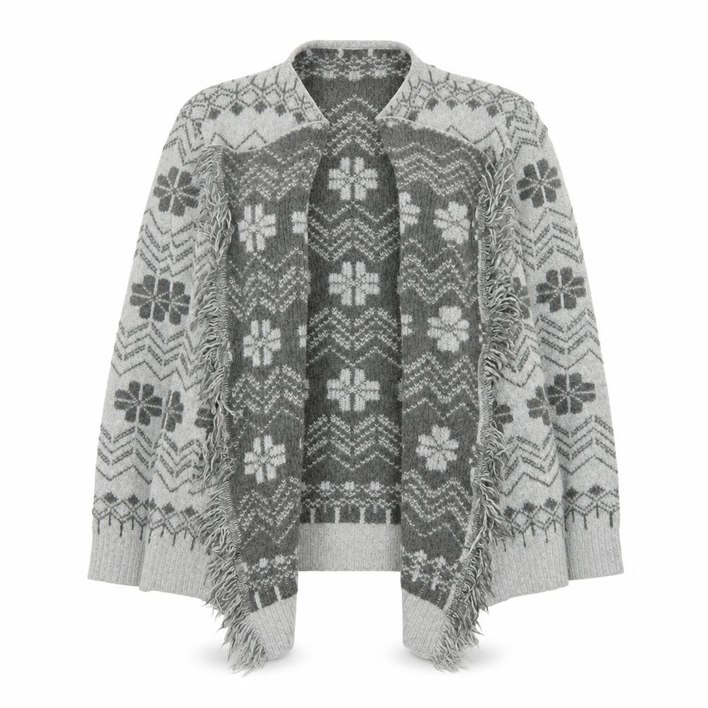 Mantaray Women’s Grey Fair Isle Fringe Cardigan Size 12 Regular
