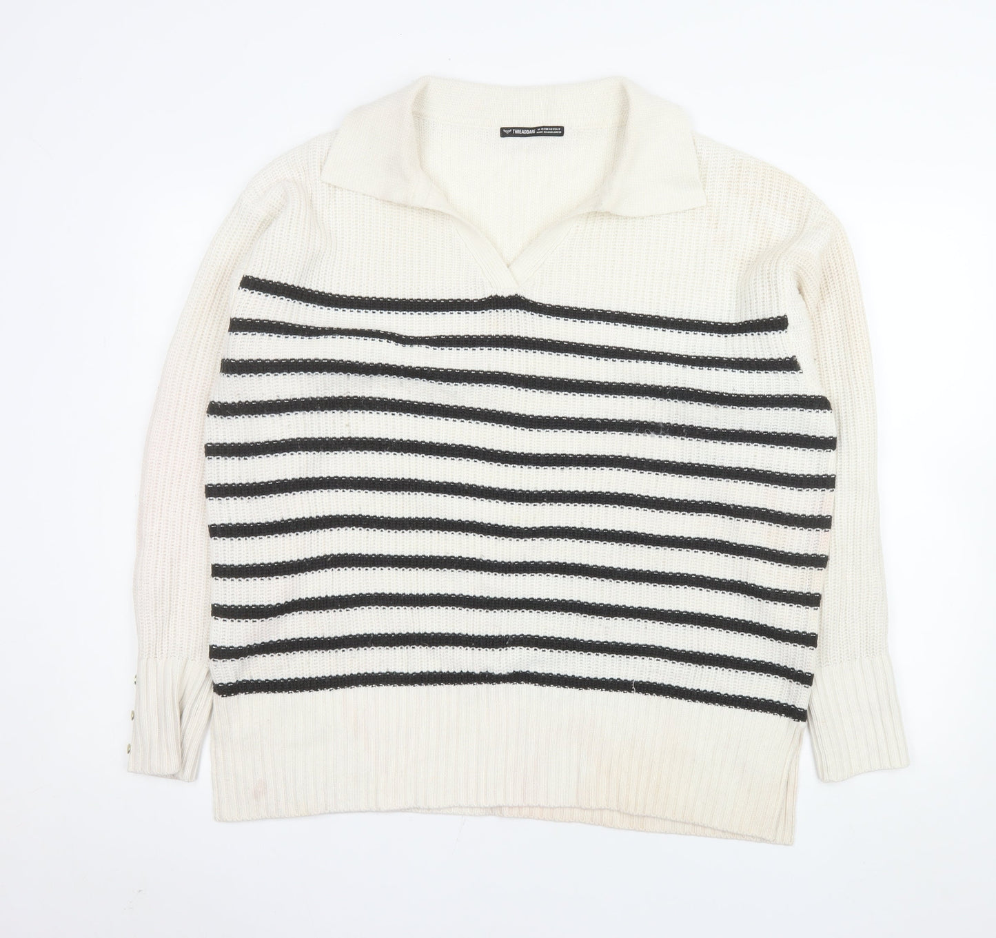 Threadbare Womens Ivory Striped Collared Long Sleeve Jumper UK 12