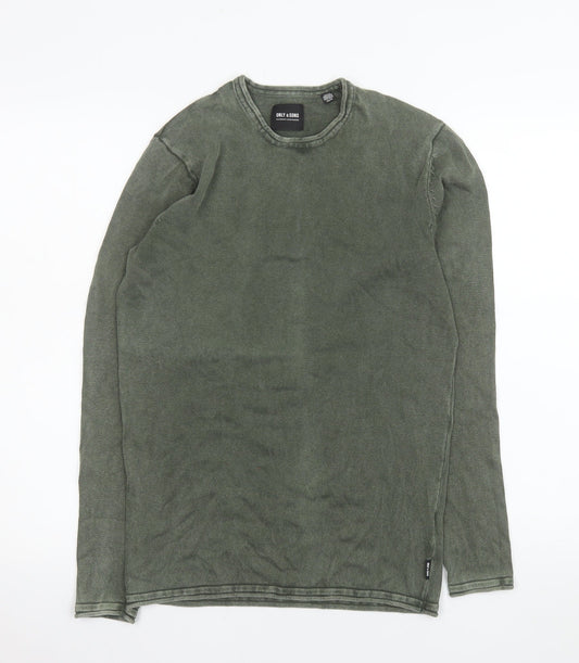 ONLY & SONS Men's Green Cotton Crew Neck Long Sleeve Jumper XS