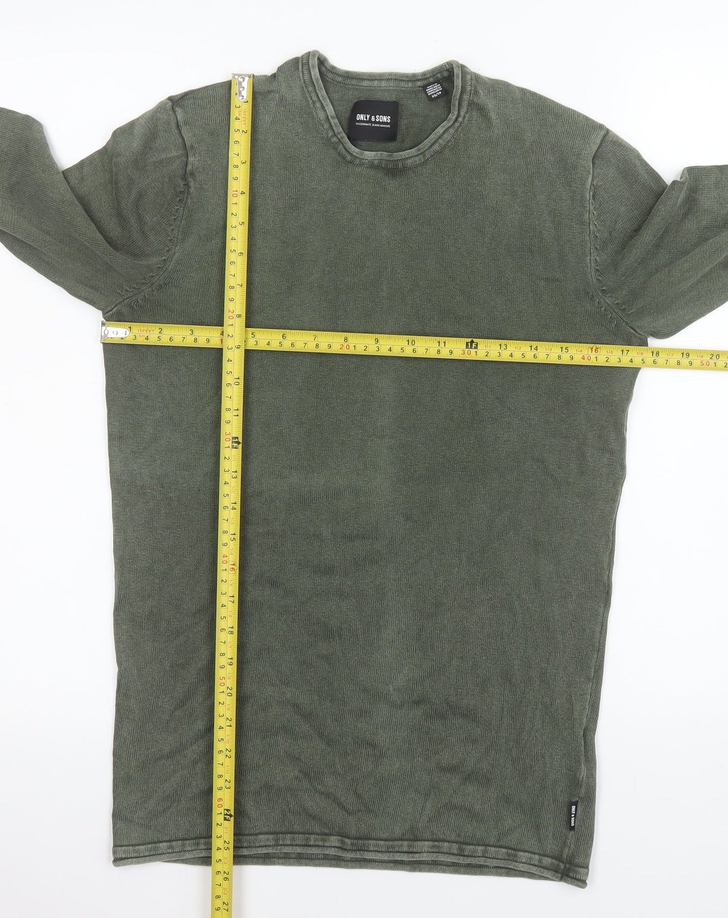 ONLY & SONS Men's Green Cotton Crew Neck Long Sleeve Jumper XS