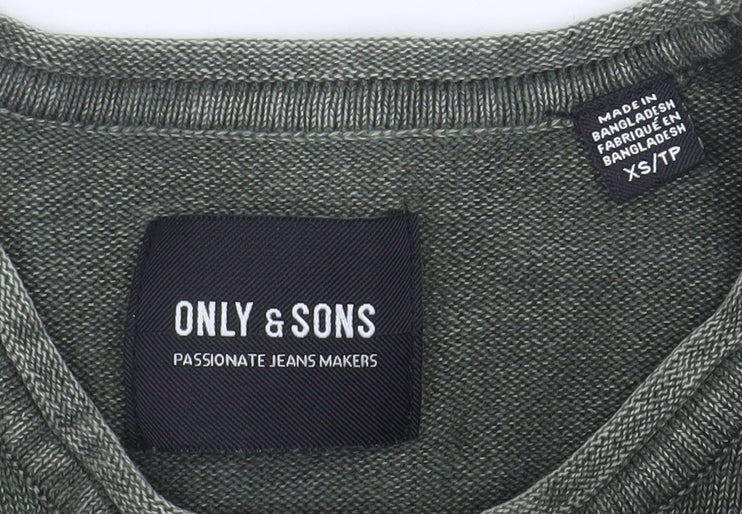 ONLY & SONS Men's Green Cotton Crew Neck Long Sleeve Jumper XS