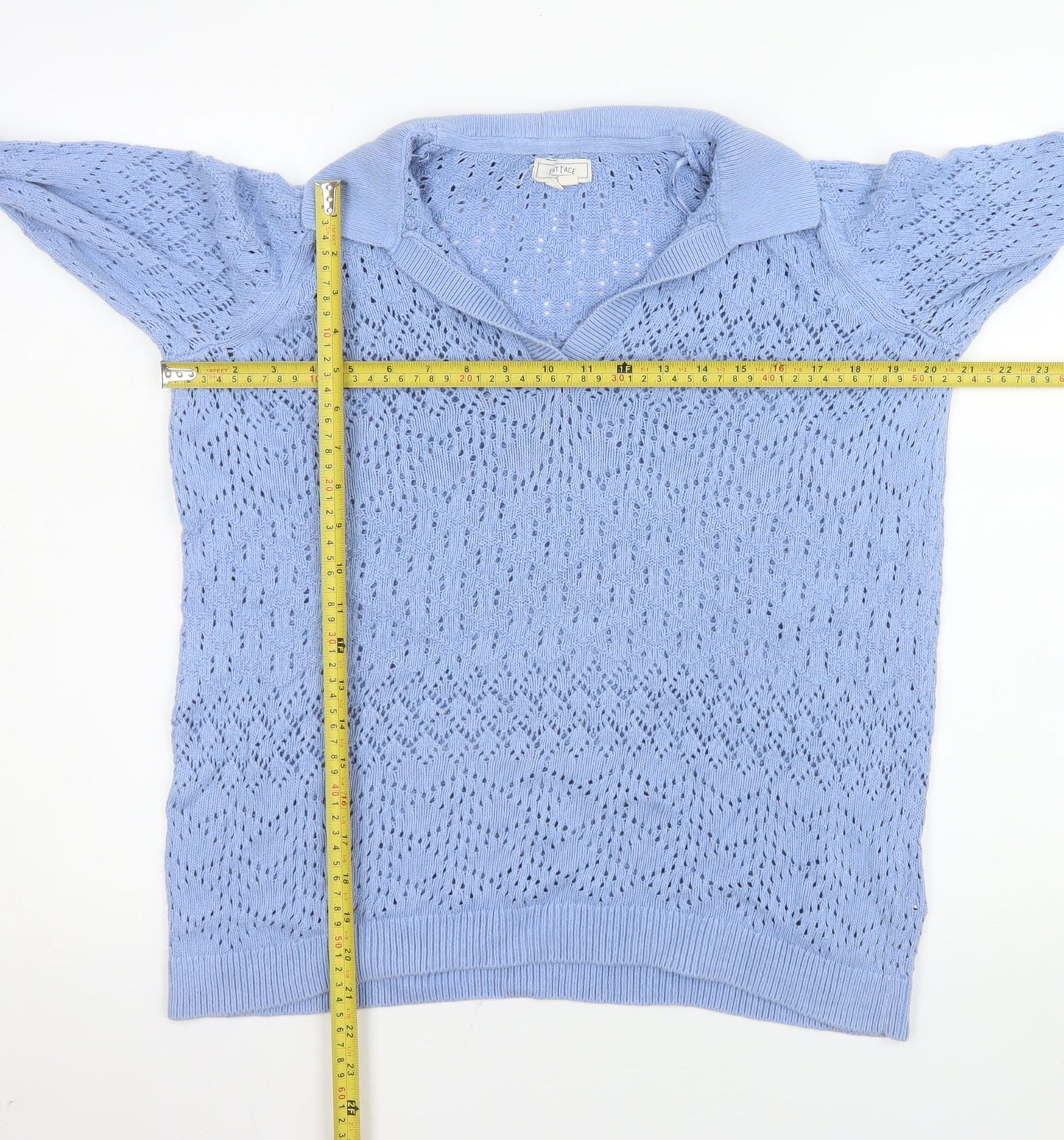 Fat Face Women's Blue Cotton Collared V-Neck Open-Knit Jumper Size 14