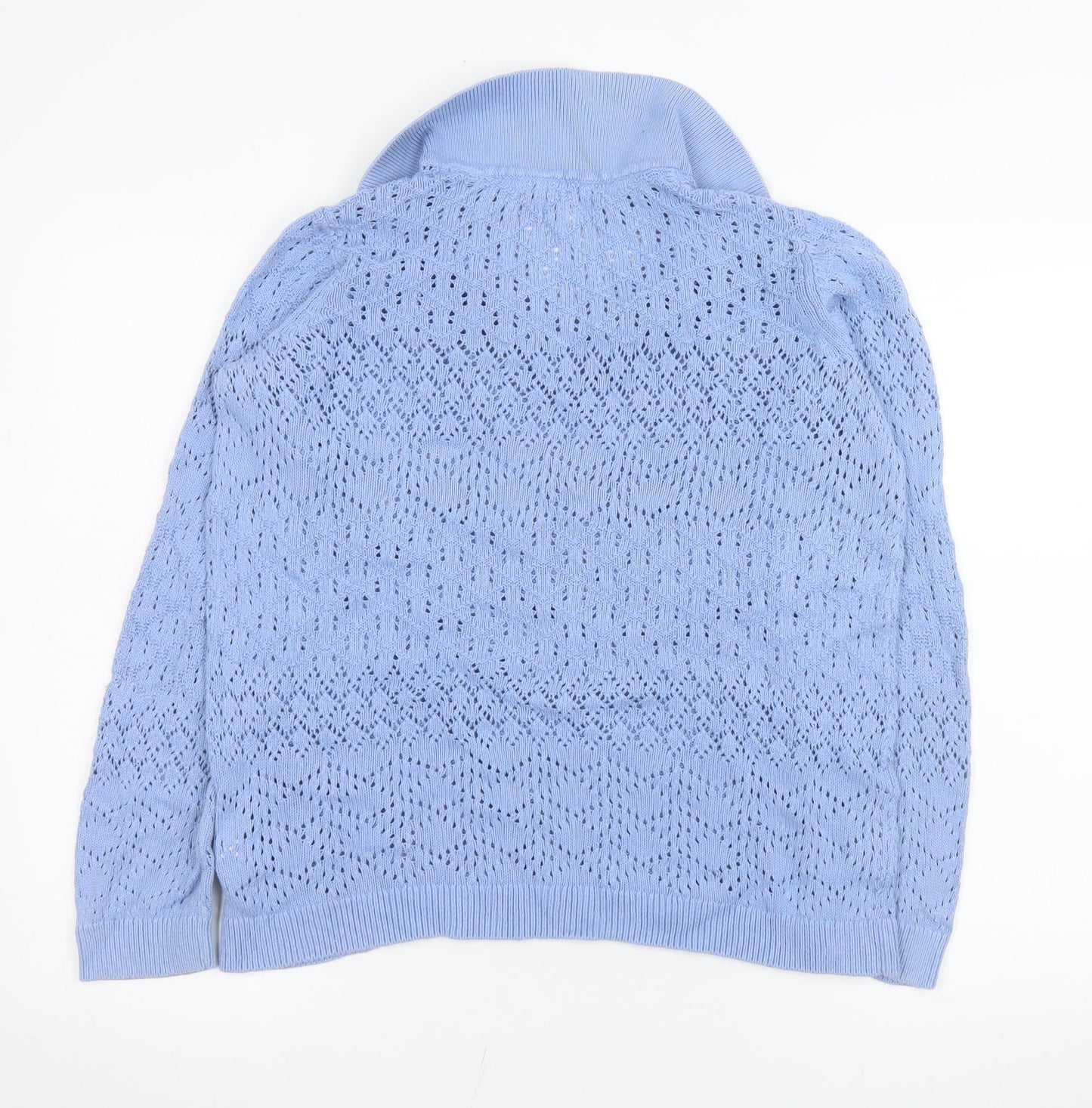 Fat Face Women's Blue Cotton Collared V-Neck Open-Knit Jumper Size 14