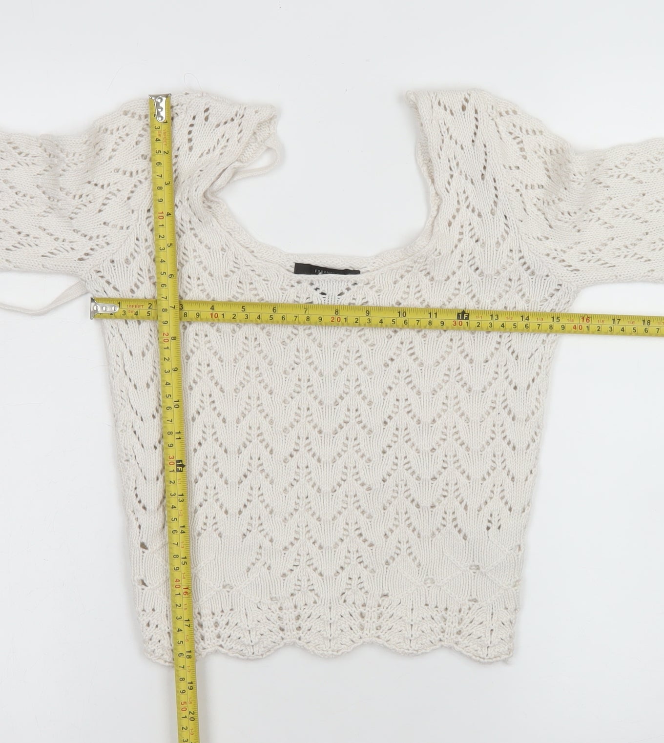 Forever 21 Women Ivory Crochet Knit Cropped Long Sleeve Blouse S