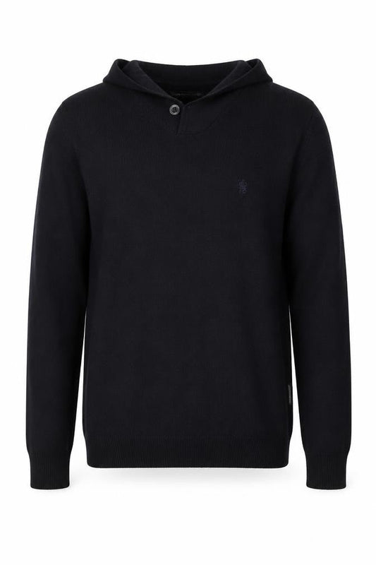 Front view of French Connection Men's Black Henley Jumper, size M, Acrylic Knit