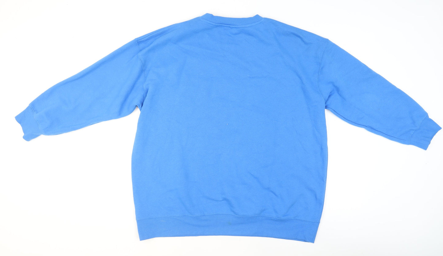 H&M Men Blue Pullover Sweatshirt L Crew Neck Graphic Print