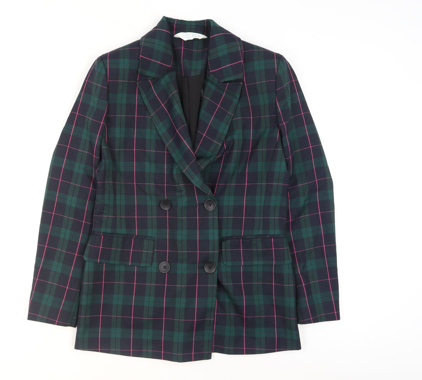 Primark Women's Green Check Blazer Size 6 Double-Breasted Jacket