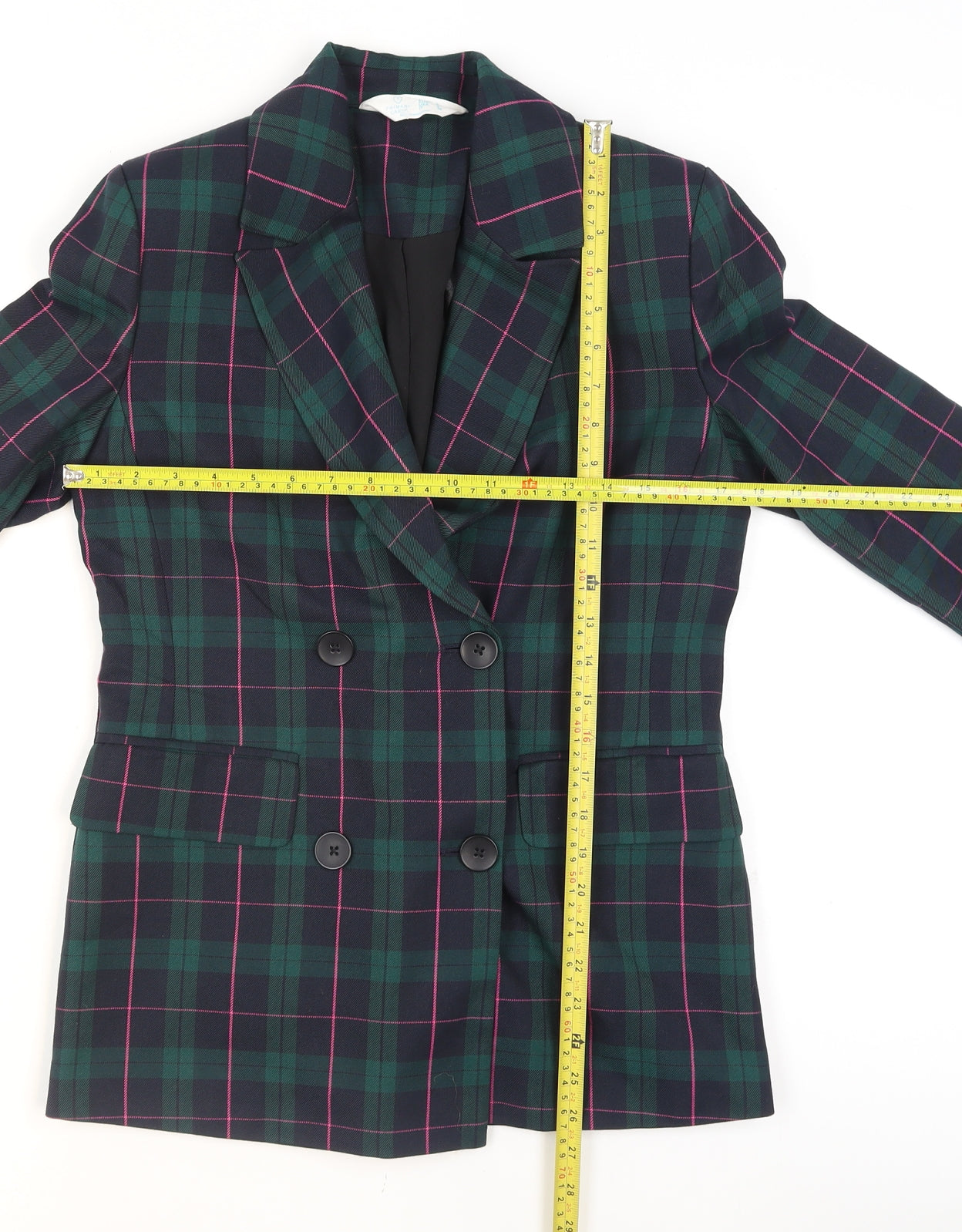 Primark Women's Green Check Blazer Size 6 Double-Breasted Jacket