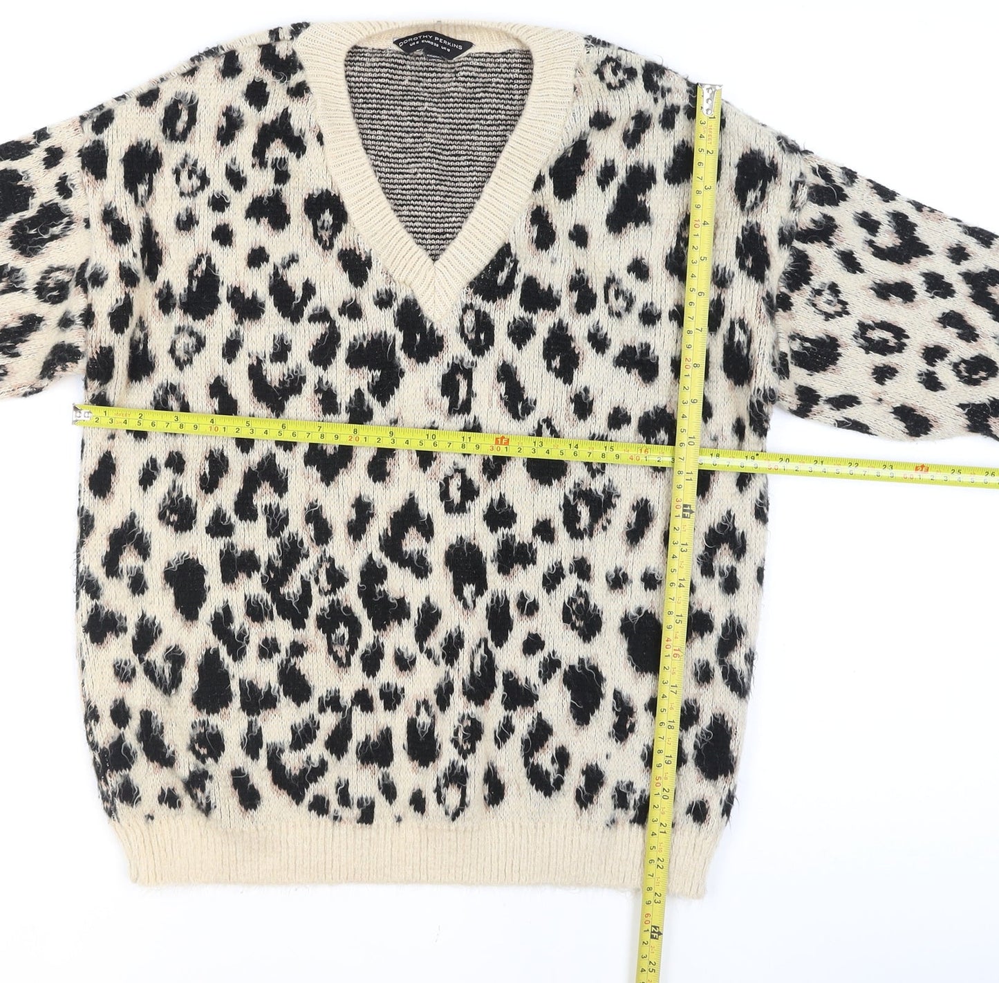 Dorothy Perkins Women Beige Leopard Print V-Neck Jumper Size 10