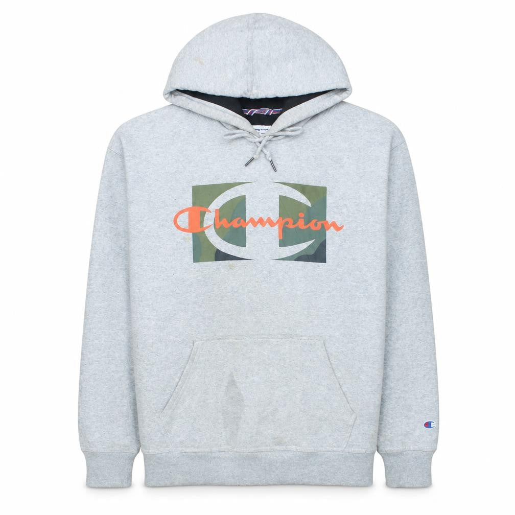 Champion Men Grey Logo Pullover Hoodie L Fleece Sweatshirt