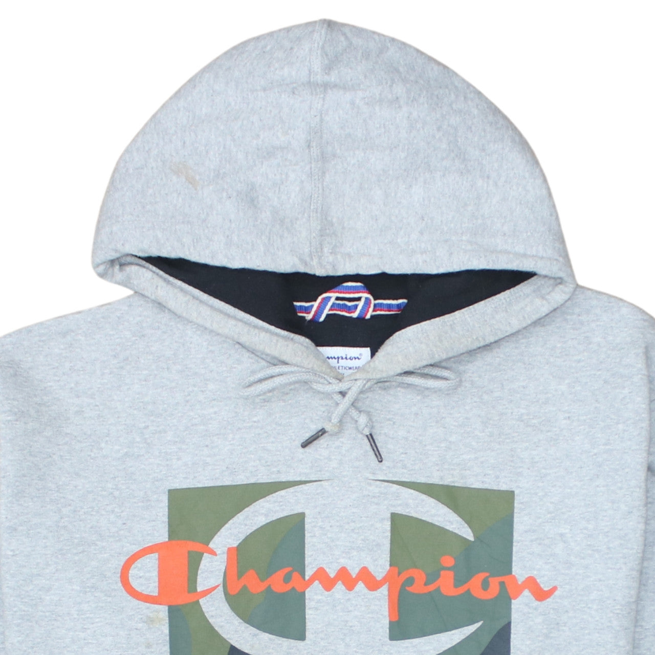 Champion Men Grey Logo Pullover Hoodie L Fleece Sweatshirt