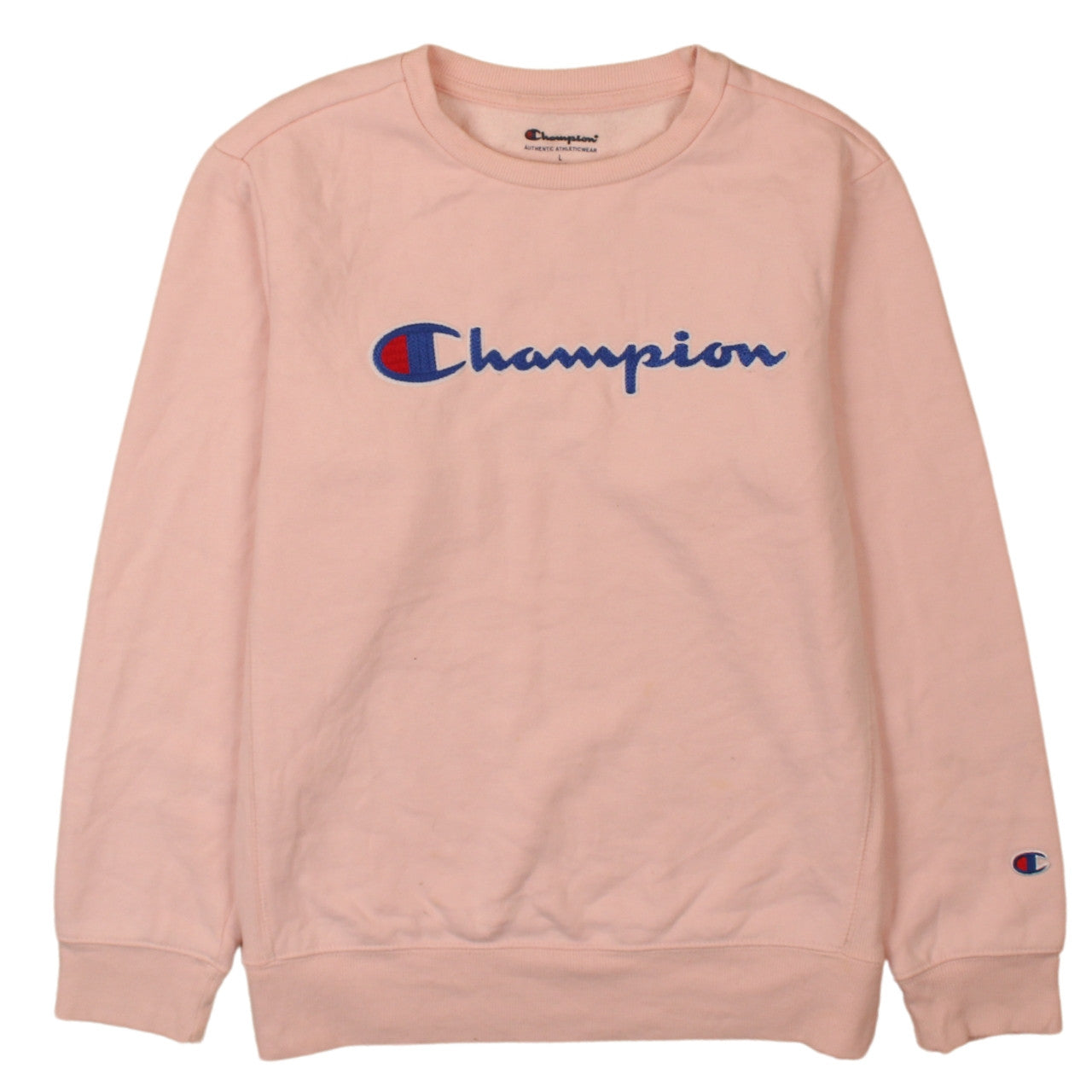Champion Girls Pink Crew Neck Pullover Sweatshirt L Embroidered Logo Cotton Blend