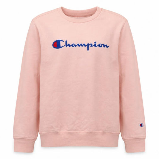 Front view of Champion girls’ pink crew neck pullover sweatshirt l embroidered logo cotton blend