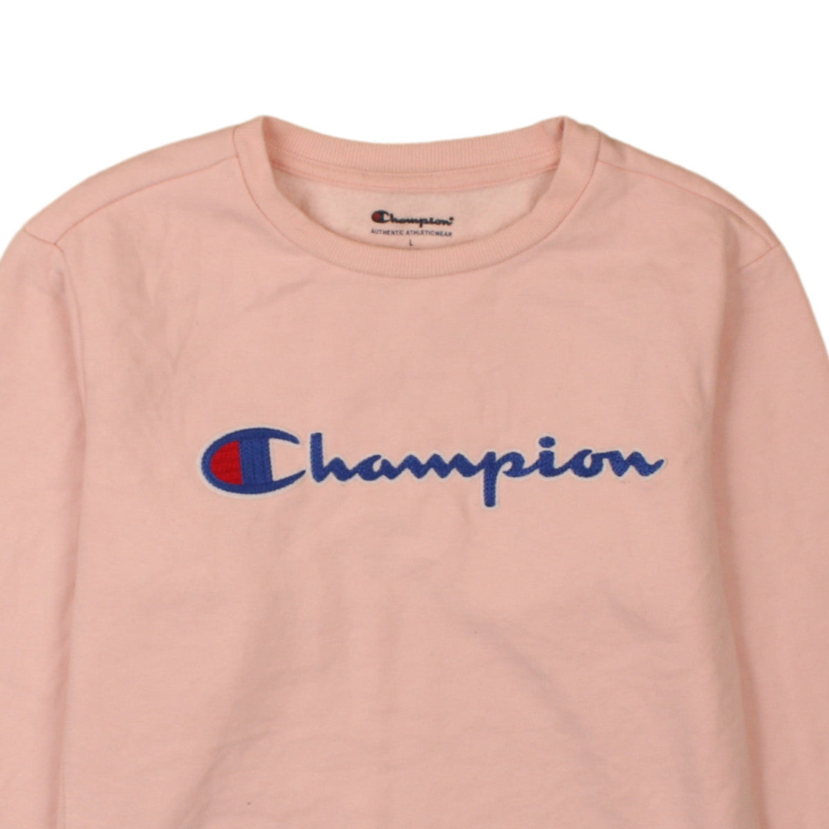 Champion Girls Pink Crew Neck Pullover Sweatshirt L Embroidered Logo Cotton Blend