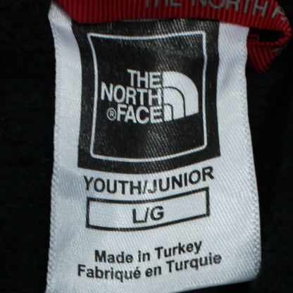 Close-up detail of The North Face boys’ black pullover hoodie l embroidered logo sweatshirt