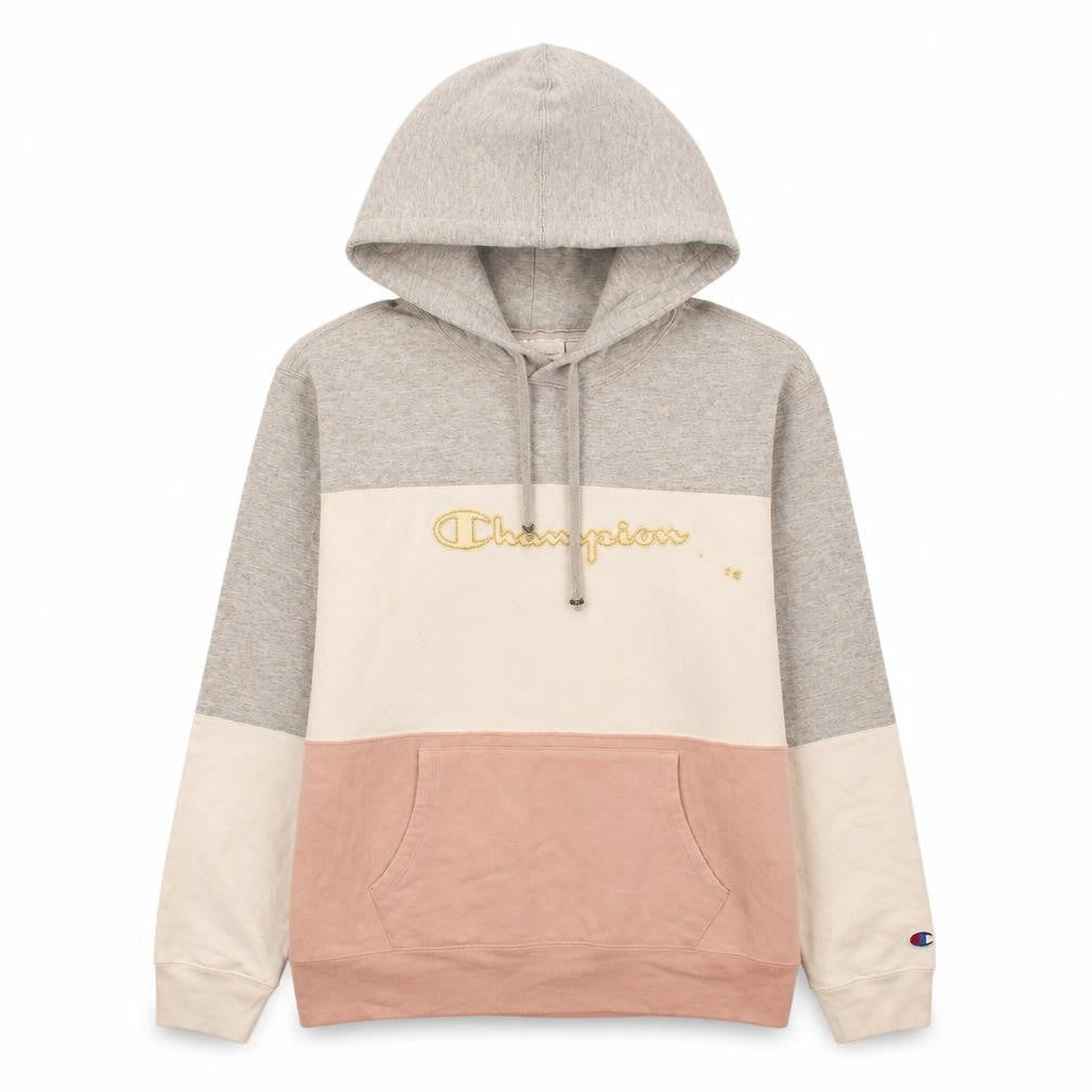 Champion Women's Grey Beige Pink Colourblock Pullover Hoodie L