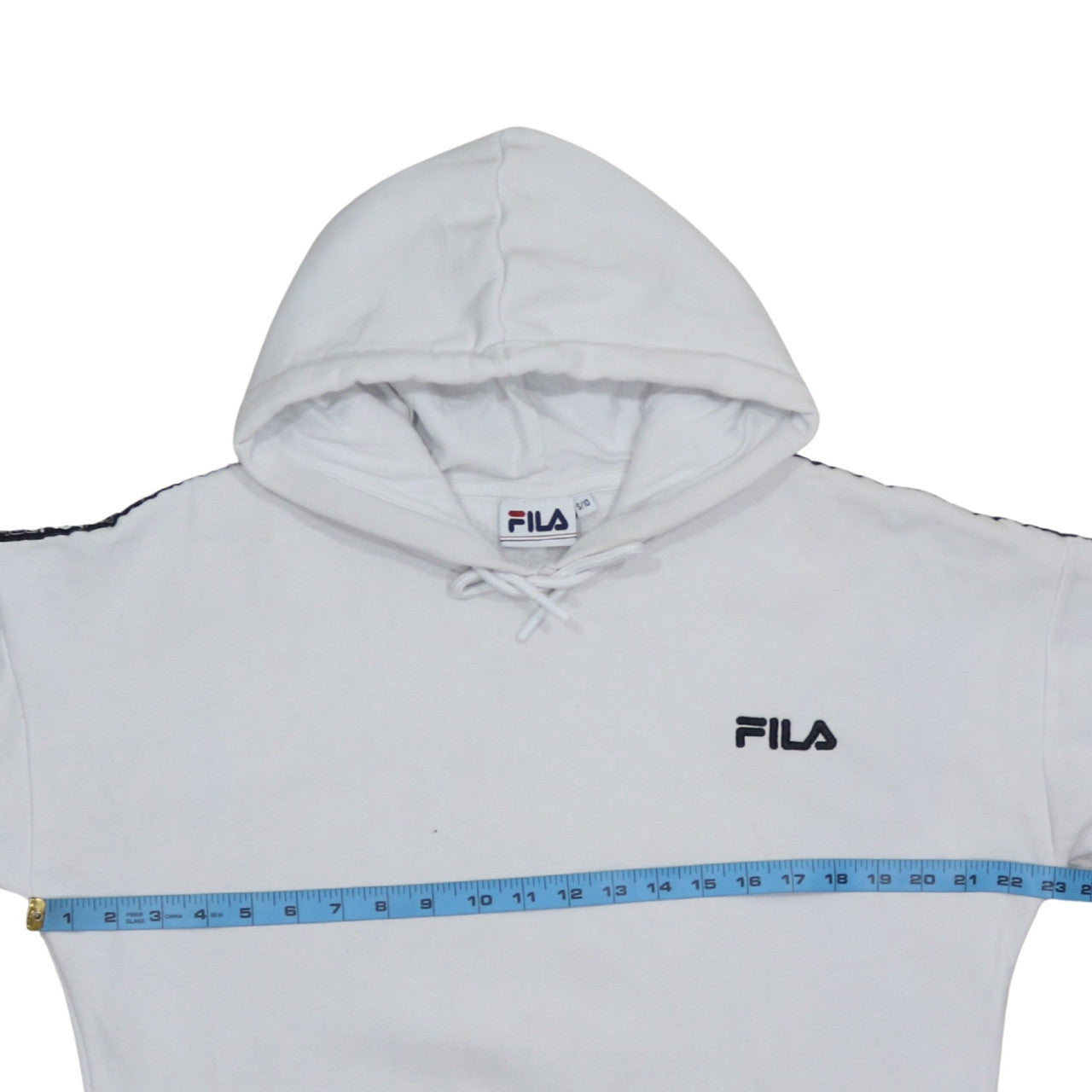 FILA Women White Pullover Hoodie Logo Tape S/10 Casual Long Sleeve