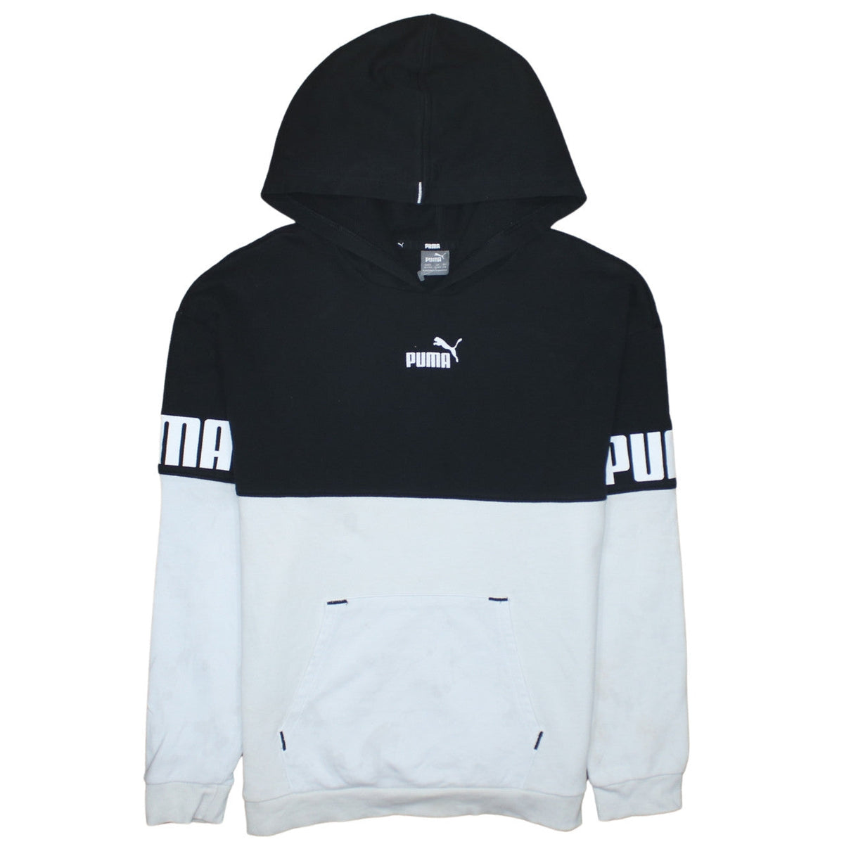 Puma Boys Black & White Pullover Hoodie 15-16 Years Colourblock Logo Fleece