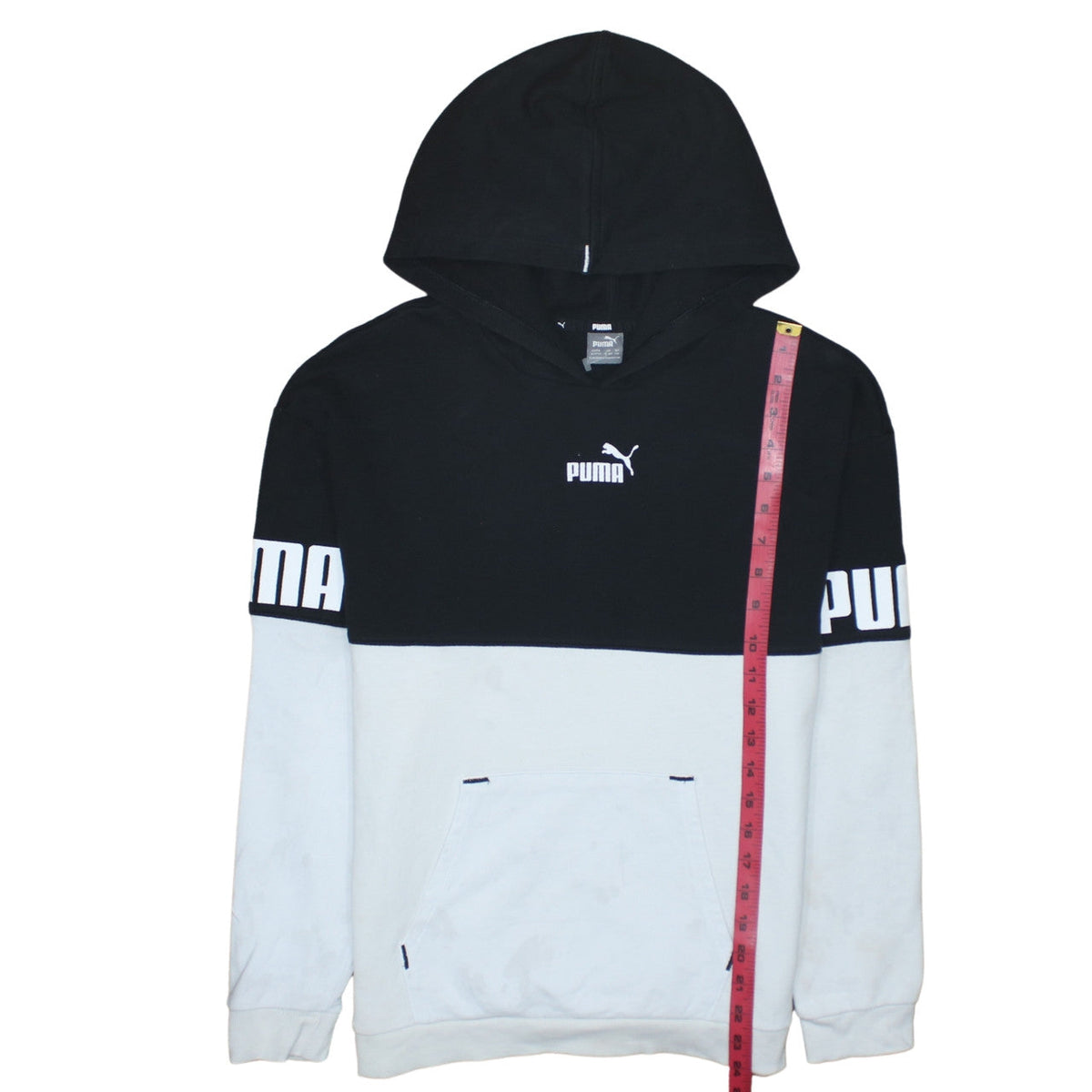 Puma Boys Black & White Pullover Hoodie 15-16 Years Colourblock Logo Fleece