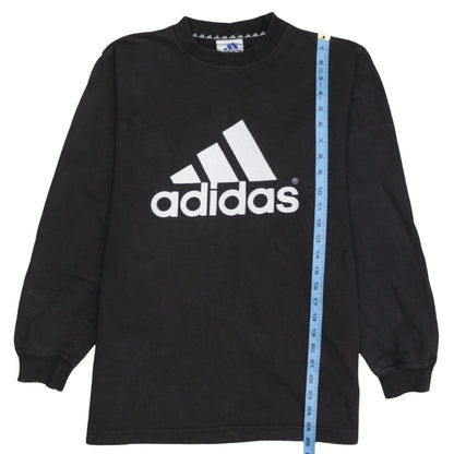 Close-up detail of Adidas boys’ black 2xl pullover sweatshirt with large logo