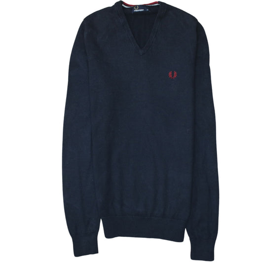 Fred Perry Men's Navy Blue V-Neck Cotton Jumper XS