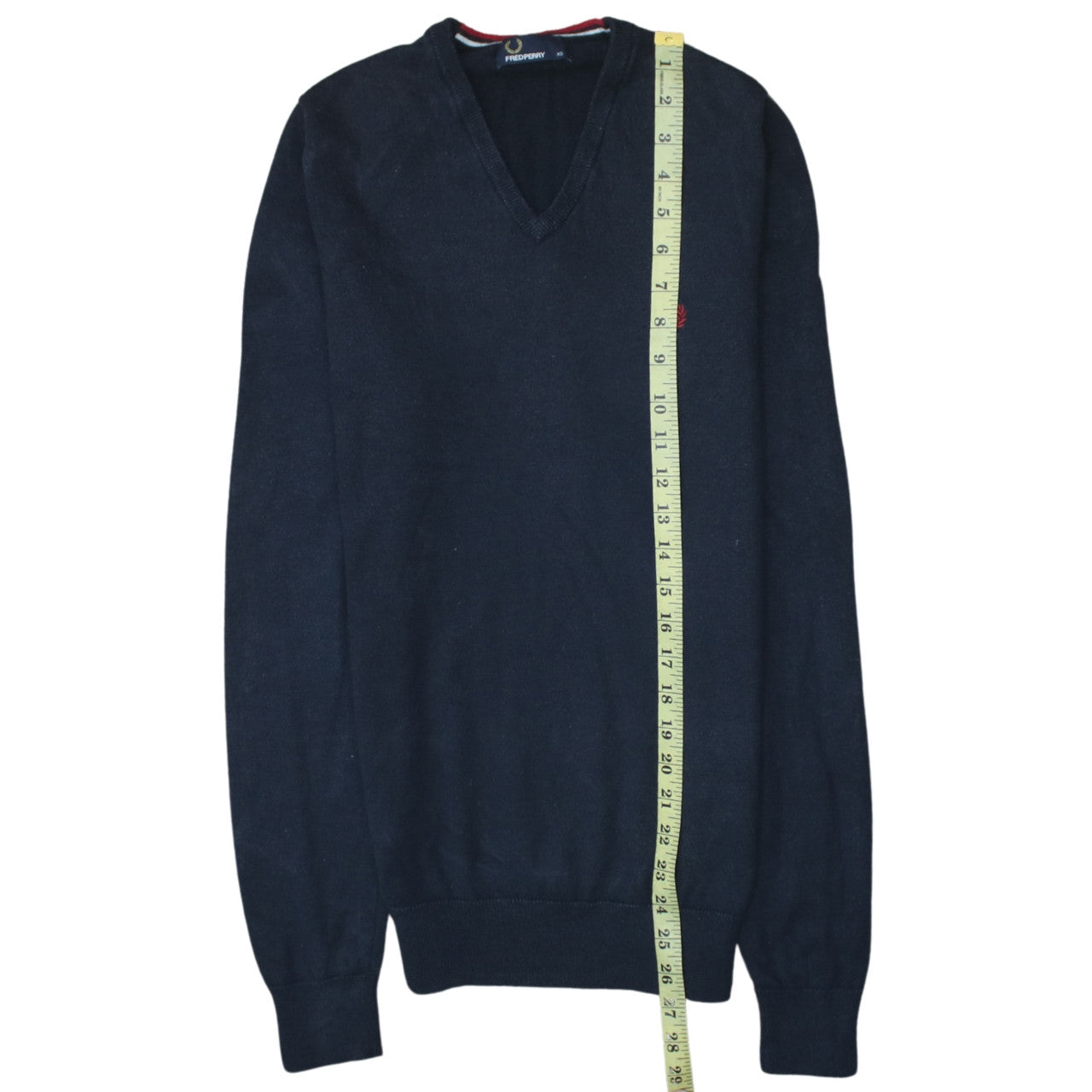 Fred Perry Men's Navy Blue V-Neck Cotton Jumper XS