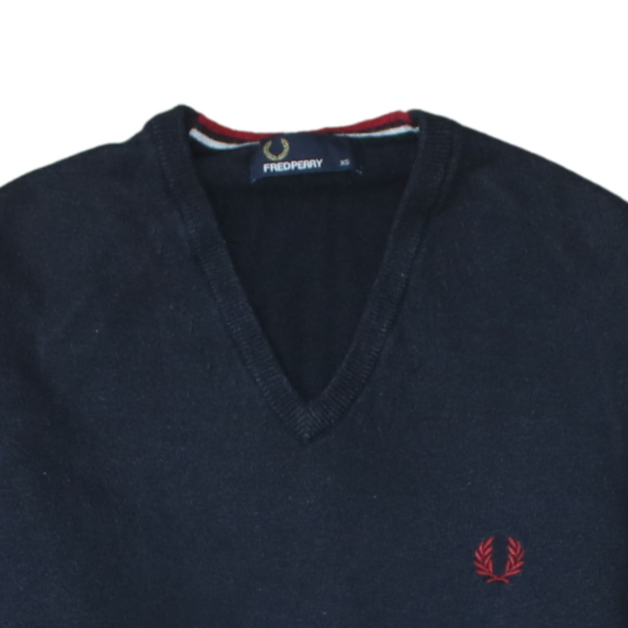 Fred Perry Men's Navy Blue V-Neck Cotton Jumper XS