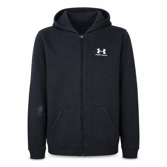 Front view of Under Armour boys’ black full zip hoodie, size 13-14, years coldgear