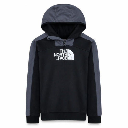 Front view of The North Face boys’ black xl pullover hoodie fleece 1/4 zip logo sweatshirt