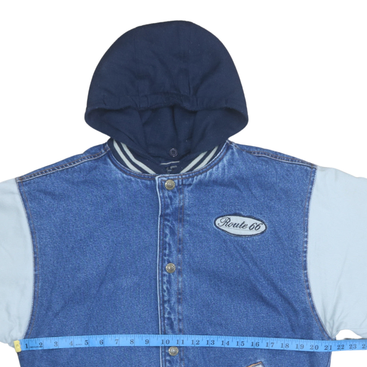 Route 66 Women's Blue Denim Varsity Jacket Size 16 Hooded Casual