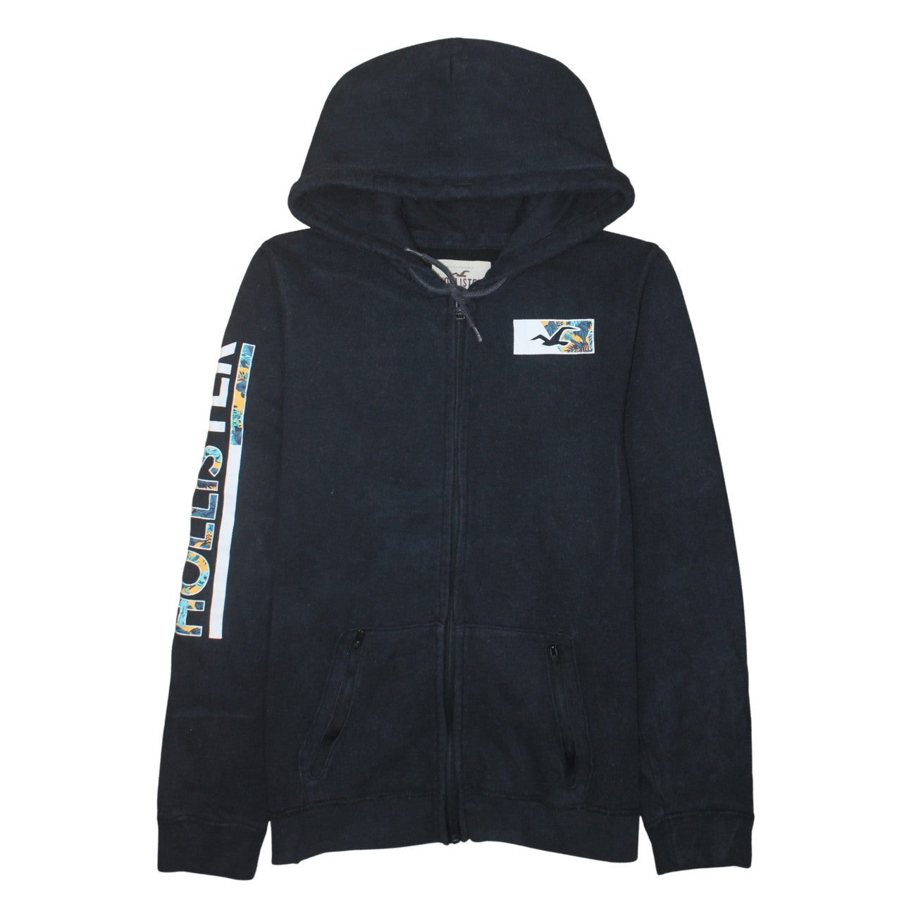Hollister Men's Black Full Zip Hoodie L Logo Graphic Fleece