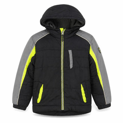 Front view of Protection System boys’ black puffer jacket 8 years hooded full zip winter coat