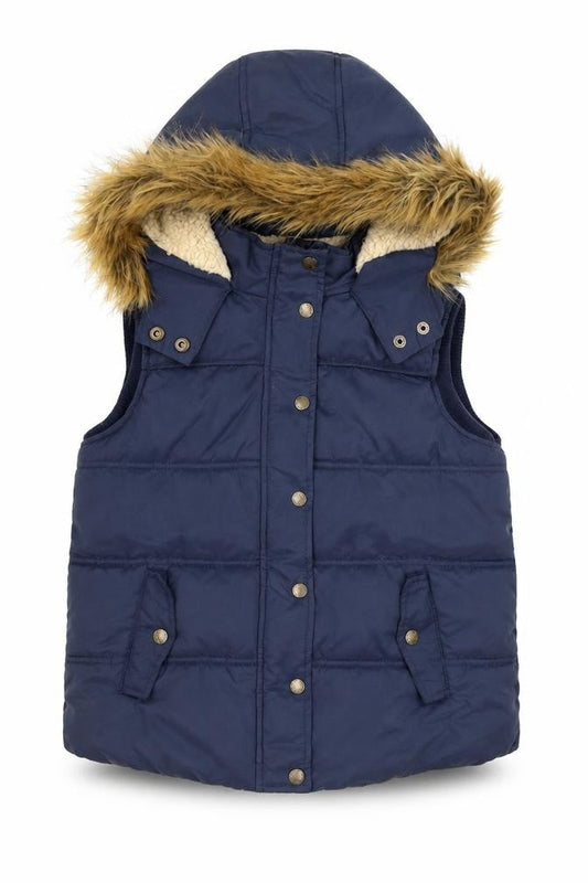 Front view of FatFace girls’ blue hooded faux fur puffer waistcoat 10-11 years