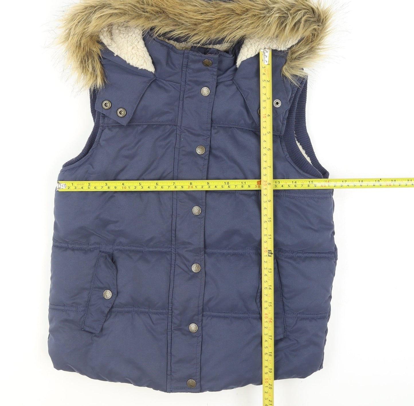 FatFace Girls Blue Hooded Faux Fur Puffer Waistcoat 10-11 Years
