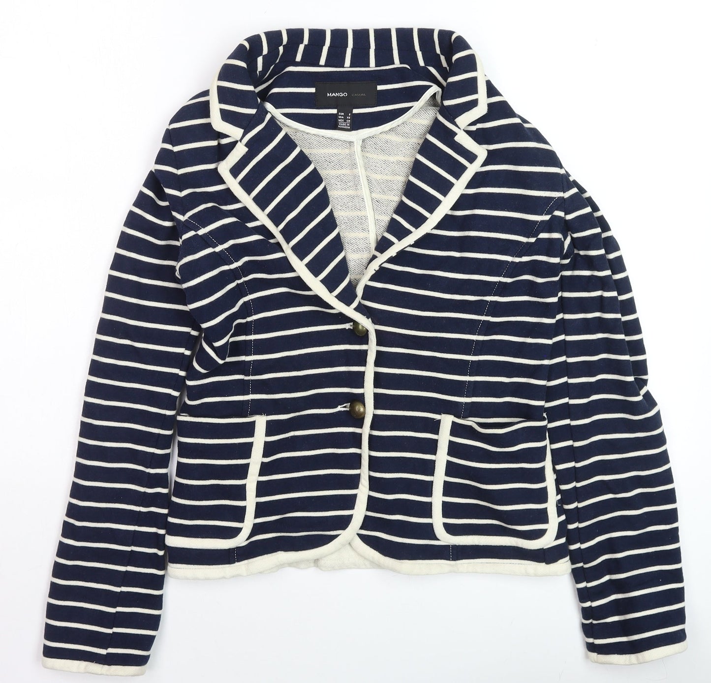 Mango Women Blue Striped Cotton Blazer Size 8 Casual Jacket