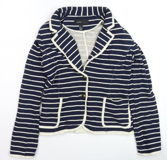 Mango Women Blue Striped Cotton Blazer Size 8 Casual Jacket