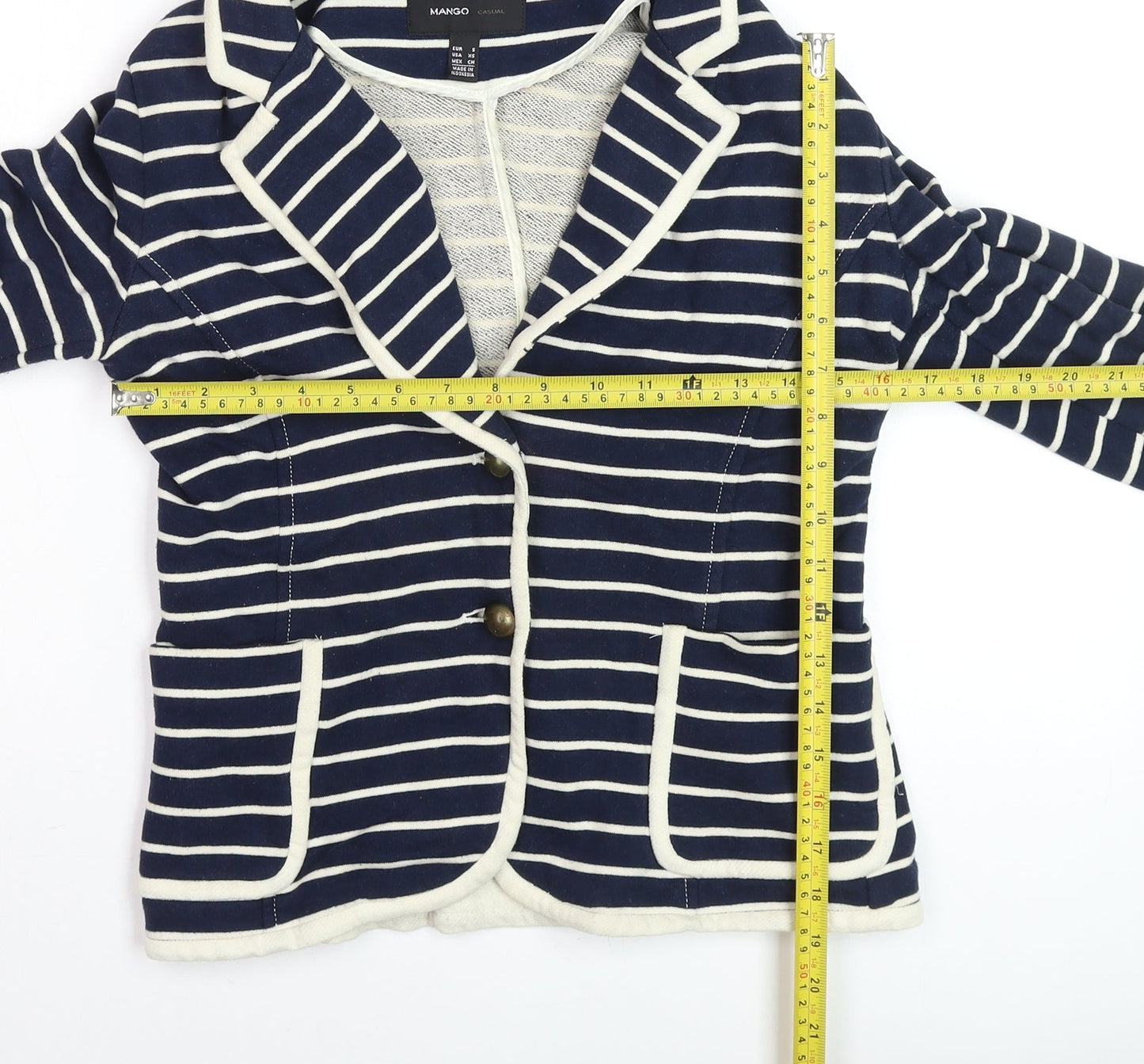 Mango Women Blue Striped Cotton Blazer Size 8 Casual Jacket