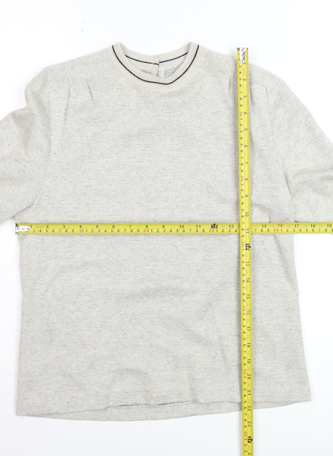 E Women Beige Knit Pullover Jumper UK 12 Classic Crew Neck Short Sleeve