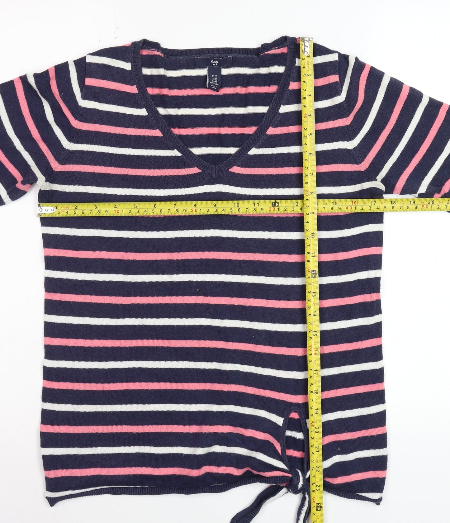GAP Women Navy Pink Striped V-Neck Tie Hem Jumper XS Cotton Knit
