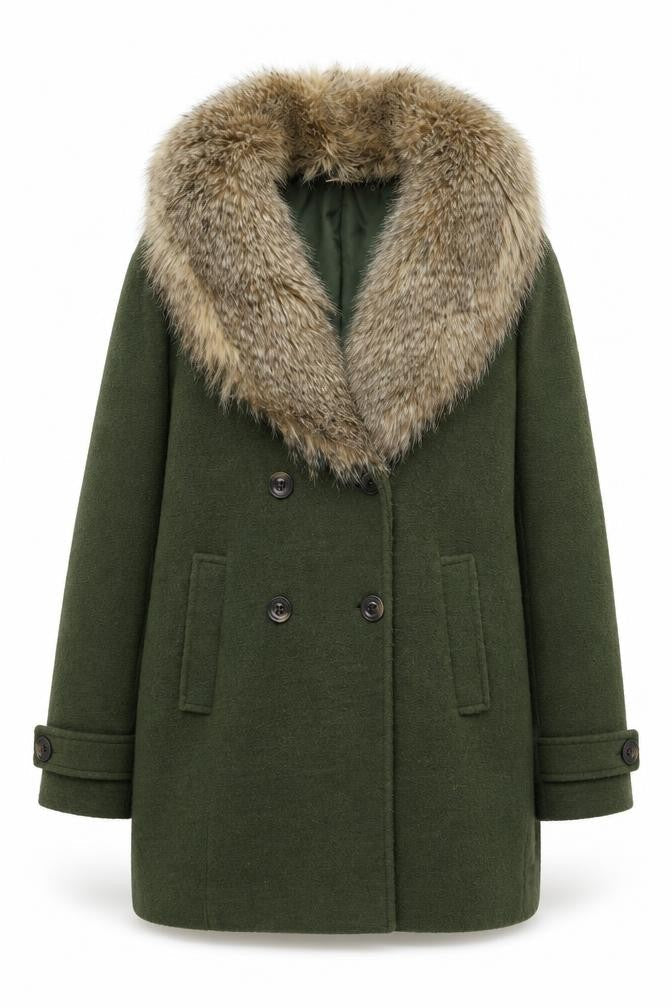 Kimchi Blue Women’s Green Faux Fur Collar Pea Coat Wool Blend Size M