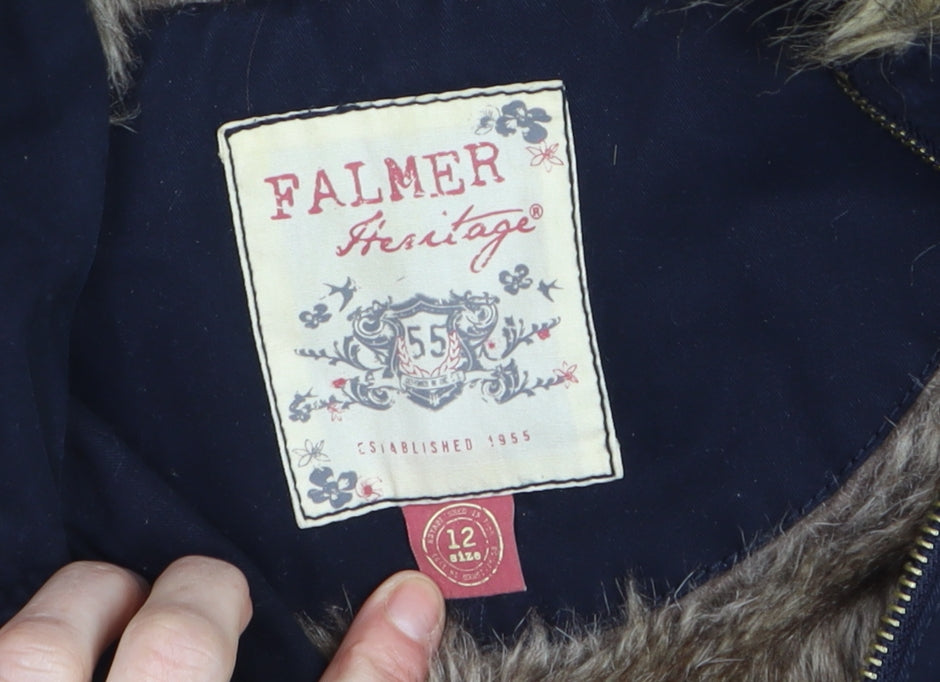 Falmer Heritage Women's Blue Faux Fur Trim Parka Coat Size 12