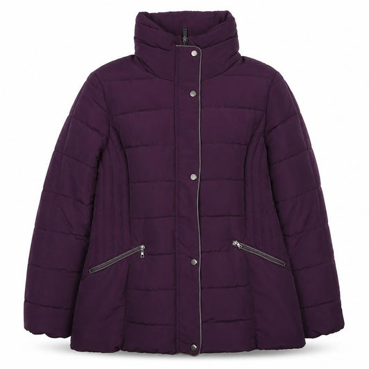 Front view of C&A Women's Purple Puffer Jacket, size 14, Hooded Mid-Length Coat