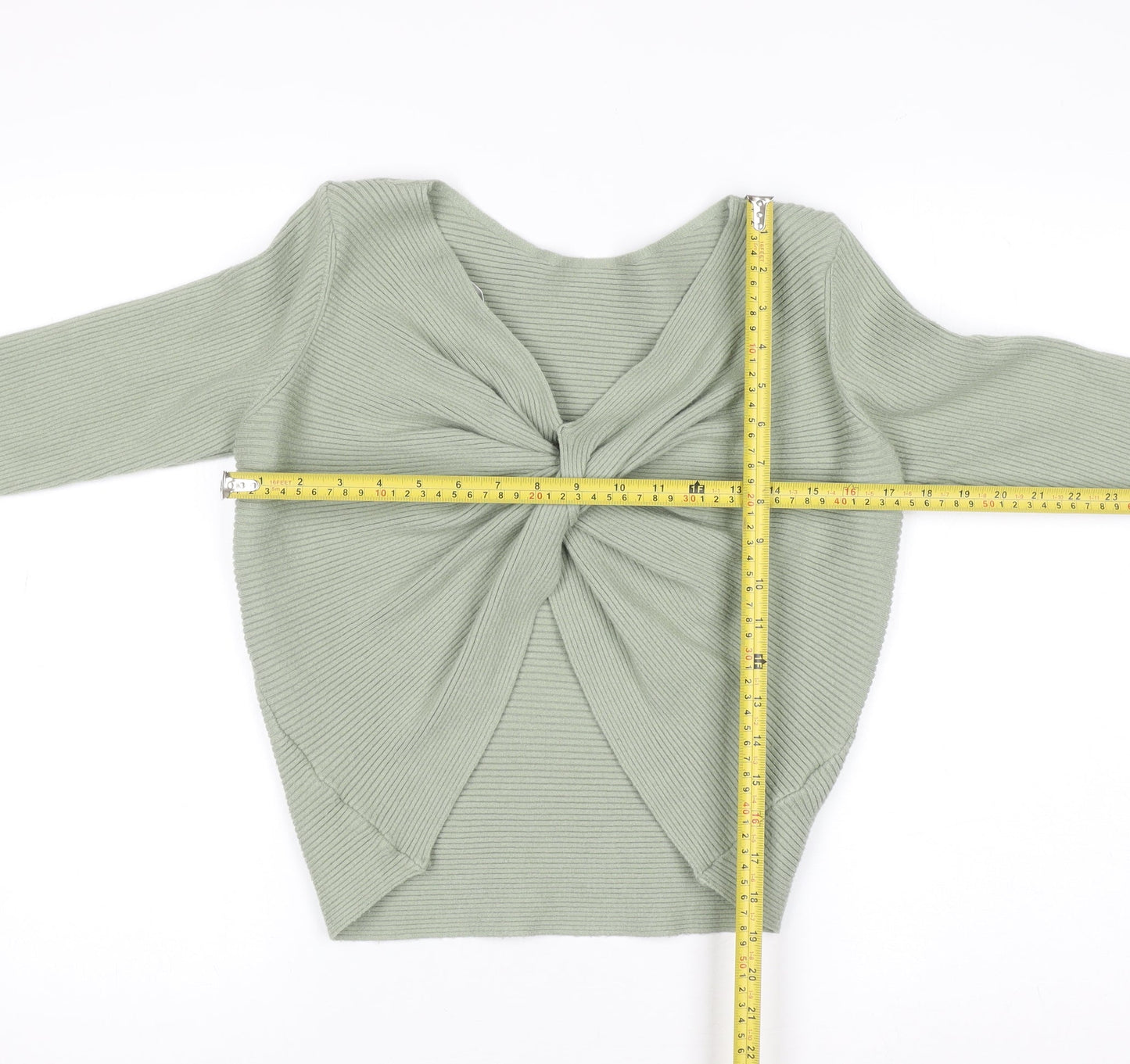 MNG Women's Green Ribbed V-Neck Twist Front Jumper Size 12